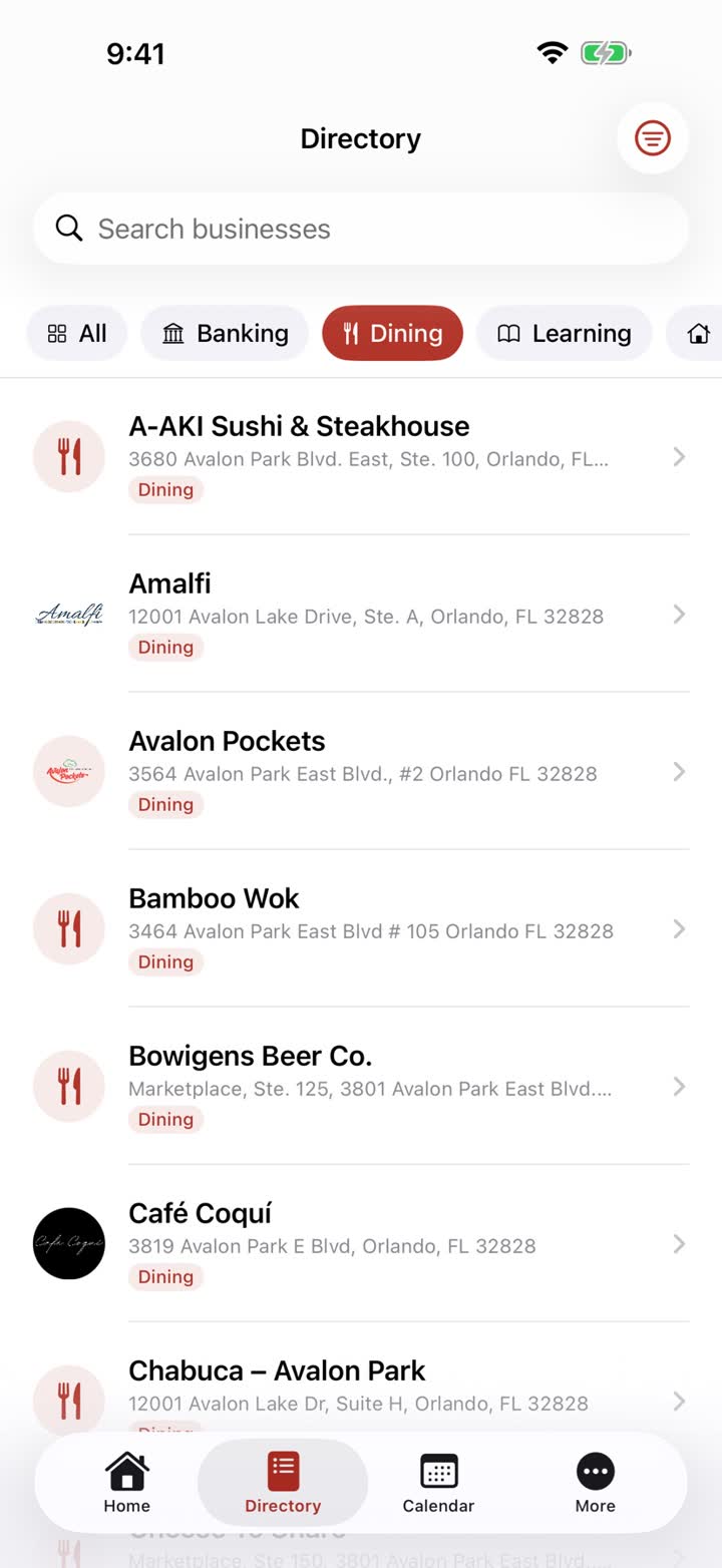 Directory filtered to dining